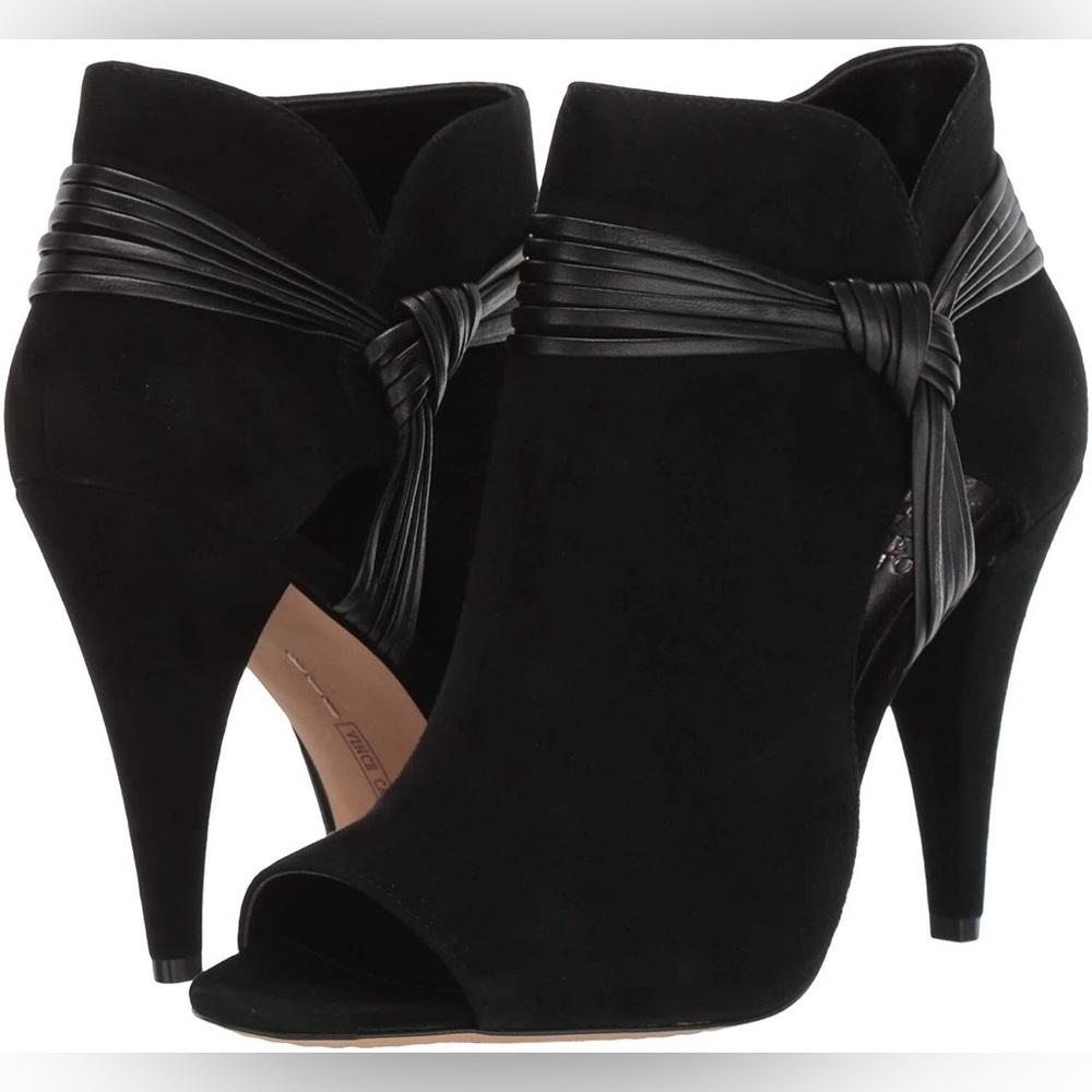New Vince Camuto Black Annavay‎ Peep-Toe Suede Leather Booties Heels Shoes 9